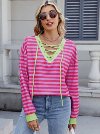 Pink and Red Striped Lace Up Long Sleeve Top for Women Hot Pink