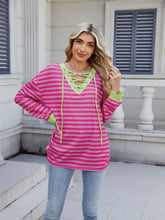 Pink and Red Striped Lace Up Long Sleeve Top for Women