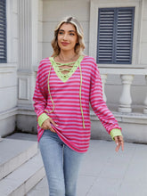 Pink and Red Striped Lace Up Long Sleeve Top for Women