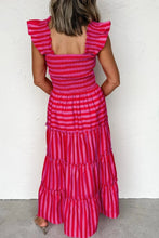 Pink and Red Striped Maxi Dress with Smocked and Ruffled Details