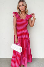 Pink and Red Striped Maxi Dress with Smocked and Ruffled Details