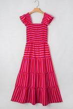 Pink and Red Striped Maxi Dress with Smocked and Ruffled Details