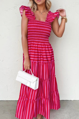 Pink and Red Striped Maxi Dress with Smocked and Ruffled Details Deep Rose