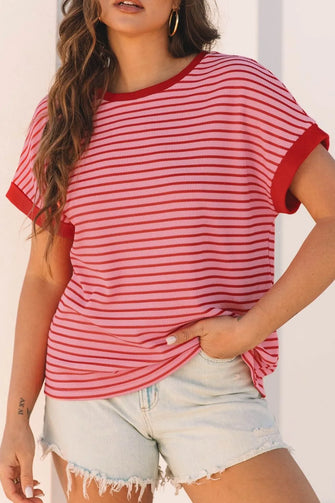 Pink and Red Striped Women’s T Shirt Deep Red