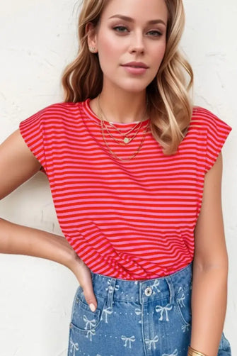 Pink and Red Striped Women's T-Shirt Strawberry Woman T Shirts