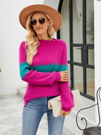 Pink and Teal Colorblock Sweater with Long Sleeve Length Hot Pink
