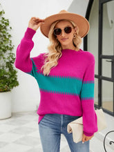 Pink and Teal Colorblock Sweater with Long Sleeve Length Sweater Pullovers