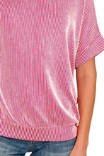 Pink and White Corded Rib Short Sleeve Blouse for Women Woman T Shirts