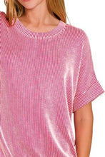 Pink and White Corded Rib Short Sleeve Blouse for Women Woman T Shirts