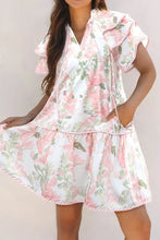 Pink and White Floral Print Romper with Ruffled Sleeves and Pockets