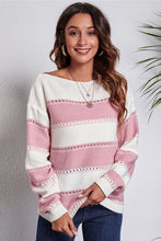 Pink and White Off Shoulder Striped Sweater with Moderate Stretch Blush Pink