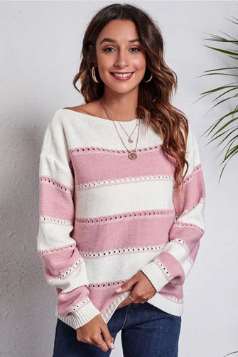 Pink and White Off Shoulder Striped Sweater with Moderate Stretch Blush Pink Sweater Pullovers