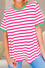 Pink and White Striped Knit T Shirt with Green Trim for Women Deep Rose