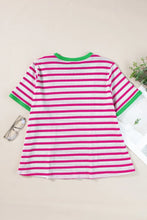 Pink and White Striped Knit T Shirt with Green Trim for Women