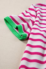 Pink and White Striped Knit T Shirt with Green Trim for Women