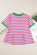Pink and White Striped Knit T Shirt with Green Trim for Women