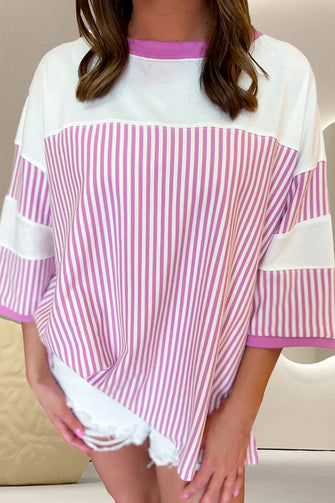 Pink and White Striped Oversized Cotton Blend Shirt for Women Pink
