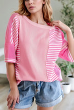 Pink and White Striped Patchwork Waffle Knit Top for Women Blush Pink