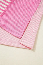 Pink and White Striped Patchwork Waffle Knit Top for Women Woman T Shirts