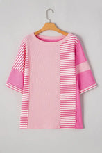 Pink and White Striped Patchwork Waffle Knit Top for Women Woman T Shirts