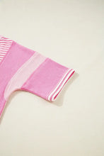 Pink and White Striped Patchwork Waffle Knit Top for Women Woman T Shirts