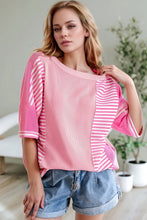 Pink and White Striped Patchwork Waffle Knit Top for Women