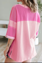 Pink and White Striped Patchwork Waffle Knit Top for Women
