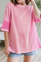 Pink and White Striped Patchwork Waffle Knit Top for Women Woman T Shirts
