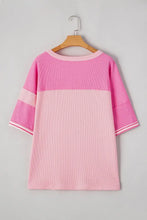 Pink and White Striped Patchwork Waffle Knit Top for Women Woman T Shirts