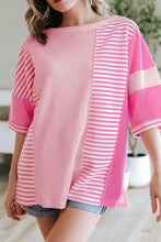 Pink and White Striped Patchwork Waffle Knit Top for Women