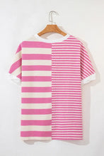 Pink and White Striped Short Sleeve Waffle Knit Shirt for Women Woman T Shirts
