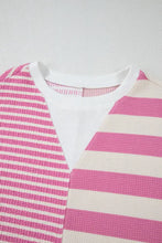 Pink and White Striped Short Sleeve Waffle Knit Shirt for Women Woman T Shirts