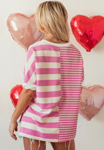 Pink and White Striped Short Sleeve Waffle Knit Shirt for Women