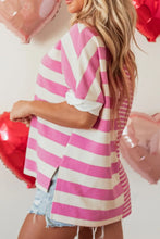 Pink and White Striped Short Sleeve Waffle Knit Shirt for Women