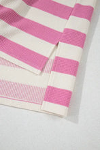 Pink and White Striped Short Sleeve Waffle Knit Shirt for Women Woman T Shirts
