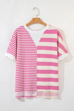 Pink and White Striped Short Sleeve Waffle Knit Shirt for Women Woman T Shirts