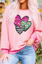 Pink and white striped cotton blend sweatshirt with sequined heart design