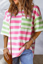 Pink and White Striped T Shirt with Green Sleeves and Pocket Pink
