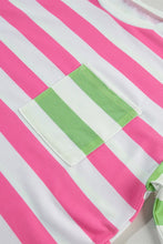 Pink and White Striped T Shirt with Green Sleeves and Pocket