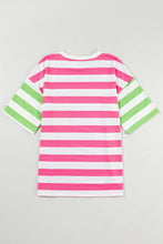 Pink and White Striped T Shirt with Green Sleeves and Pocket