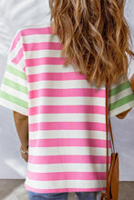 Pink and White Striped T Shirt with Green Sleeves and Pocket