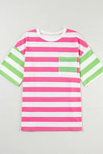 Pink and White Striped T Shirt with Green Sleeves and Pocket