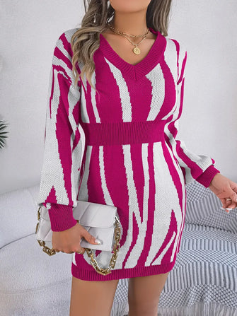 Pink and White Zebra Sweater Dress with Long Sleeve Length Cerise