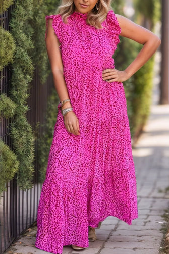 Pink Animal Print Tiered Maxi Dress Hot Pink