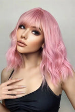 Pink bobo wave synthetic wig with bangs, heat safe shoulder length