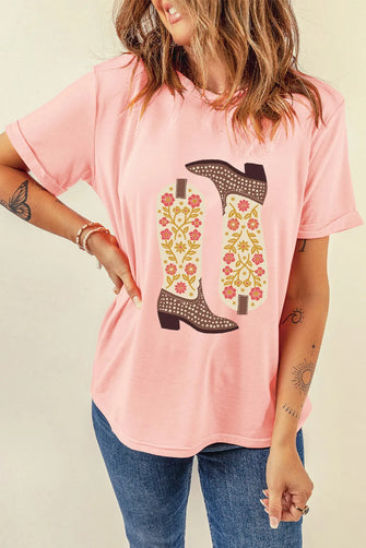 Pink Boot Graphic Round Neck Short Sleeve T Shirt for Women Watermelon pink