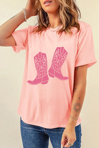 Pink Boots Graphic Round Neck Short Sleeve T Shirt for Women Blush Pink