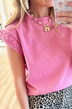 Pink Braided Cap Sleeve Crew Neck Top for Women