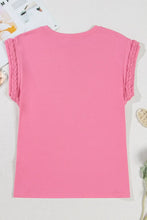 Pink Braided Cap Sleeve Crew Neck Top for Women