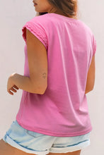 Pink Braided Cap Sleeve Crew Neck Top for Women